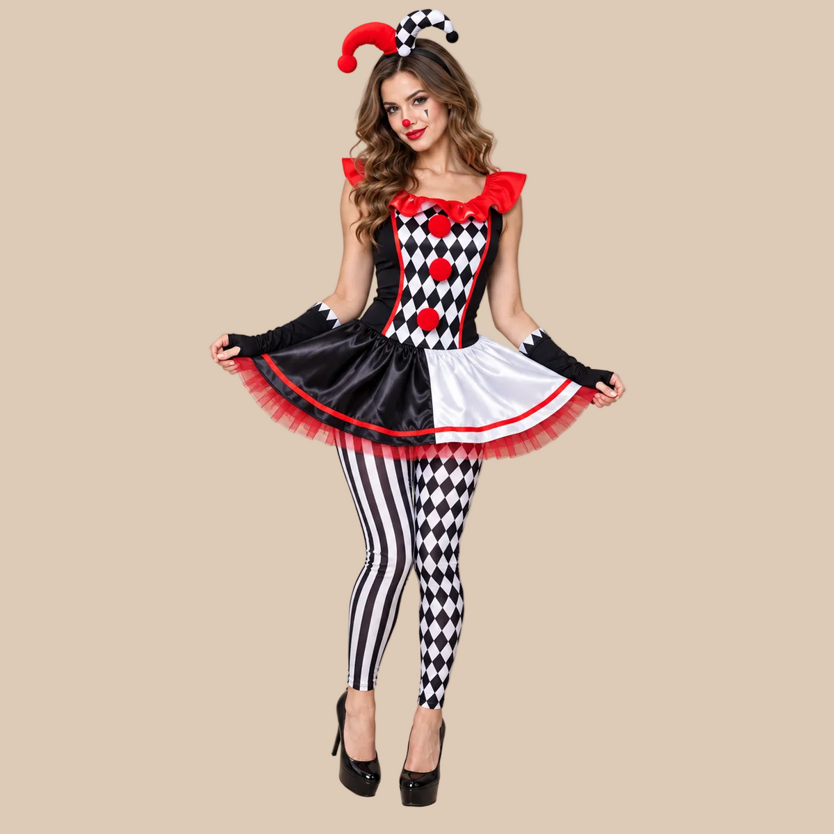 Women’s Red, Black & White Circus Clown Costume
