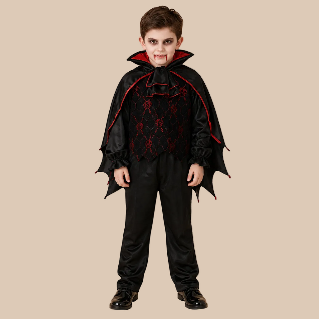 Child’s black vampire outfit with red patterned details, front view