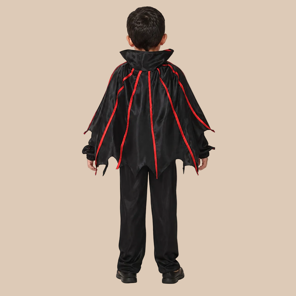 Child’s black vampire outfit with red patterned details, back view