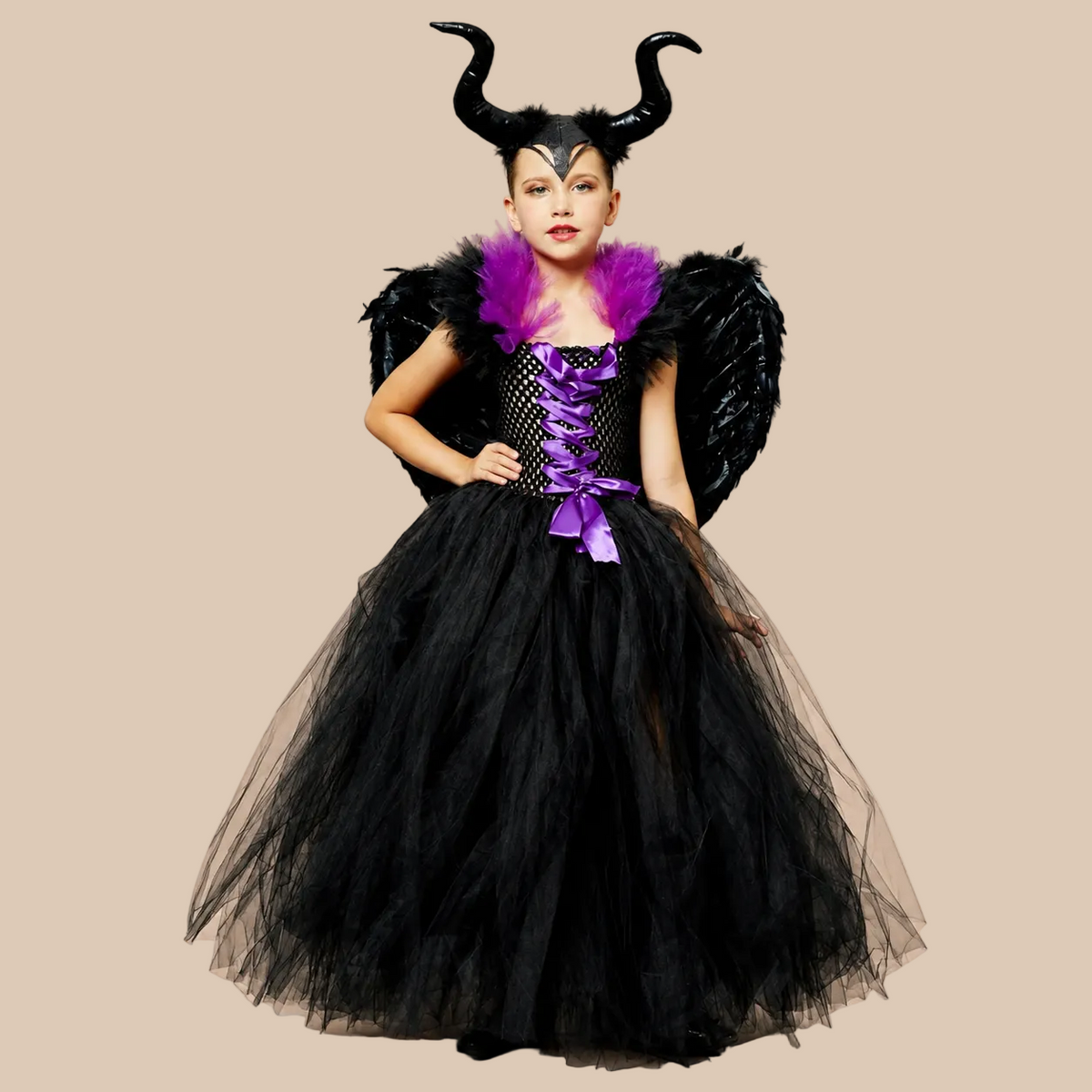 Girl’s black tulle dress with a purple laced bodice, front view