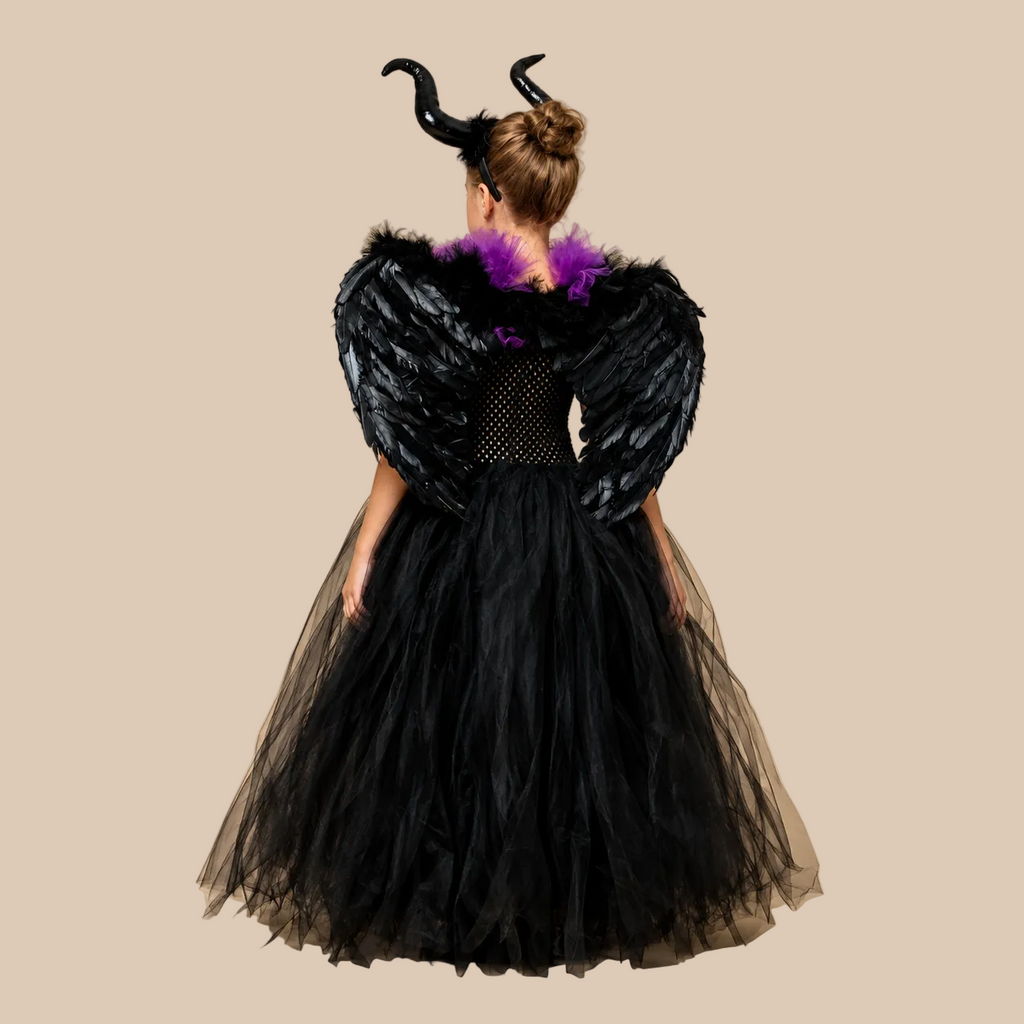 Girl’s black tulle dress with a purple laced bodice, back view