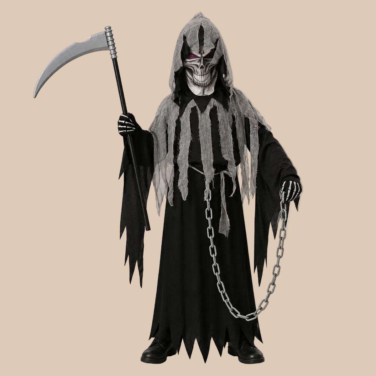 Child’s black hooded reaper costume with ragged grey panels, front view