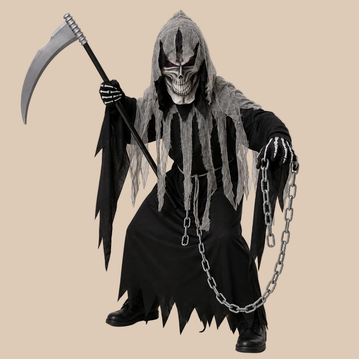 Child’s black hooded reaper costume with ragged grey panels, alternate front view
