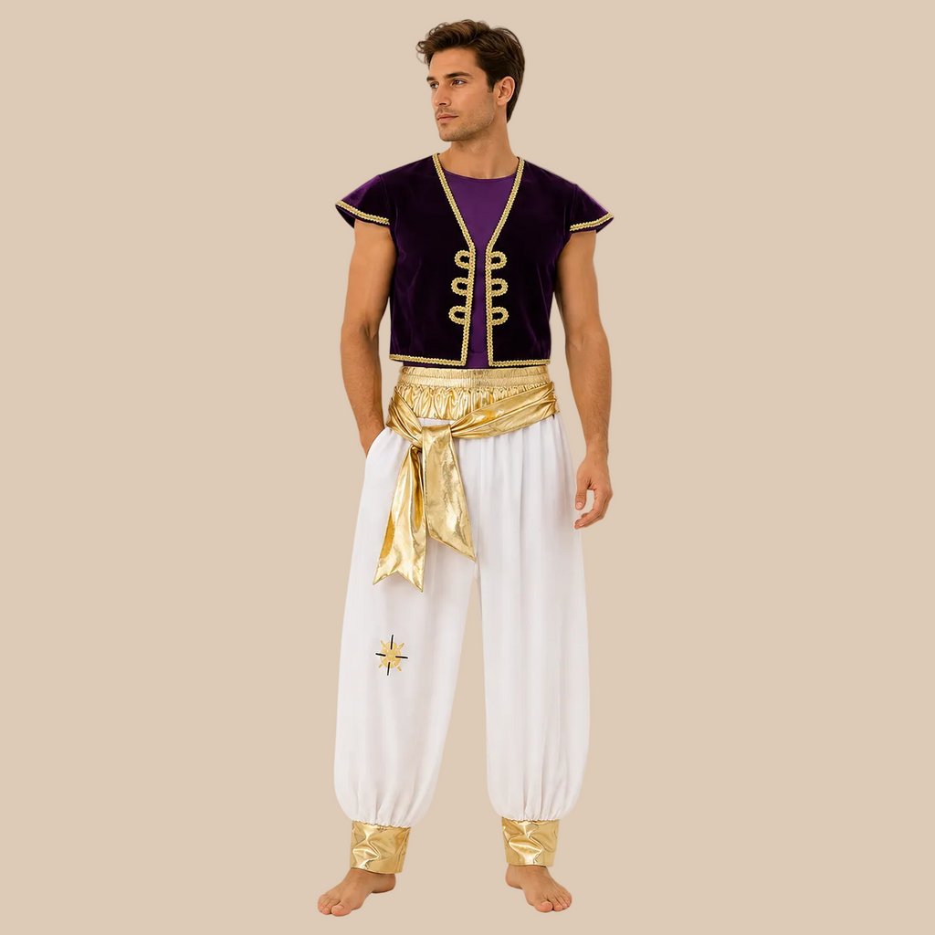 Men’s prince costume with purple waistcoat and loose white trousers, front view