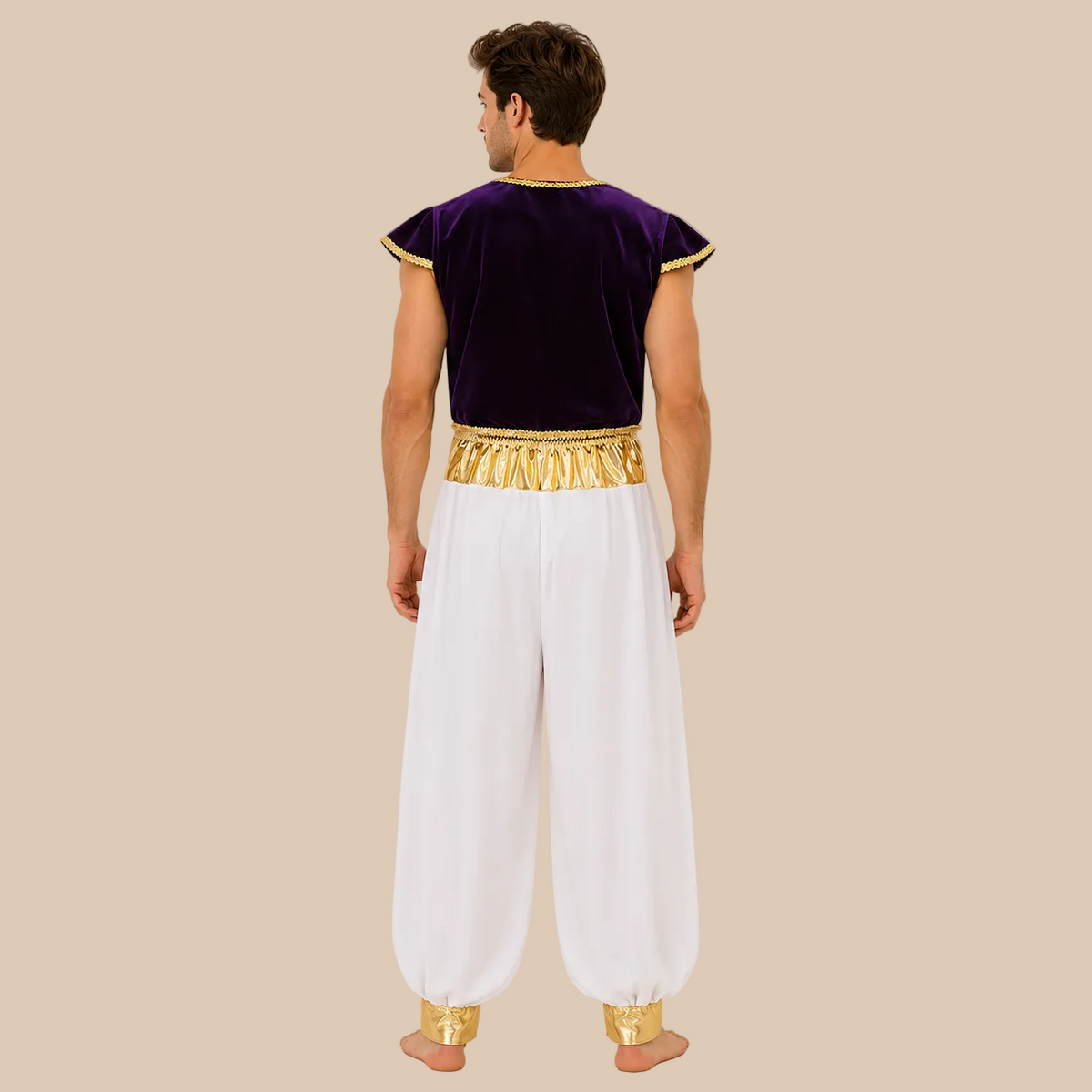 Men’s prince costume with purple waistcoat and loose white trousers, back view