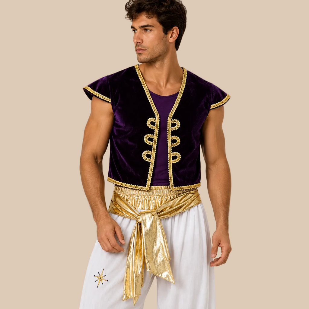 Men’s prince costume with purple waistcoat and loose white trousers, bodice details
