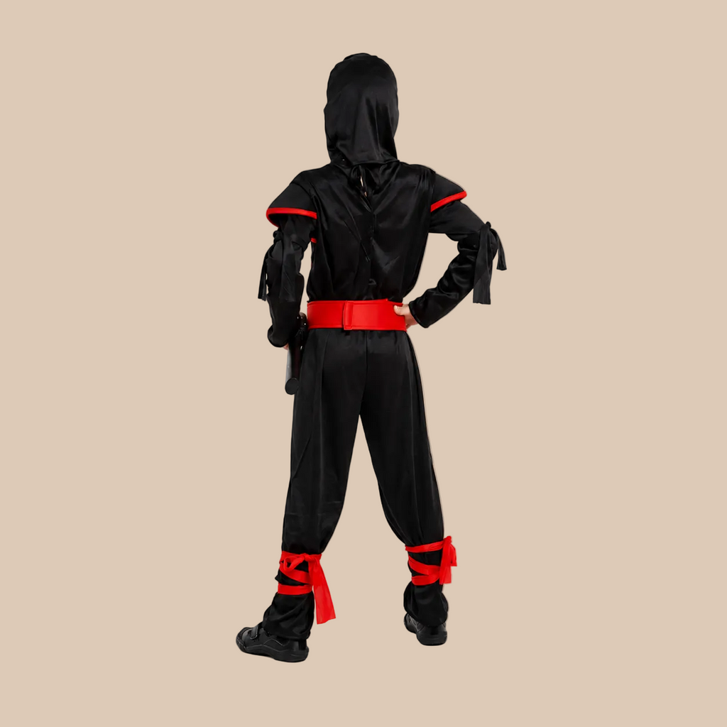 Child’s black ninja outfit with red ties, back view