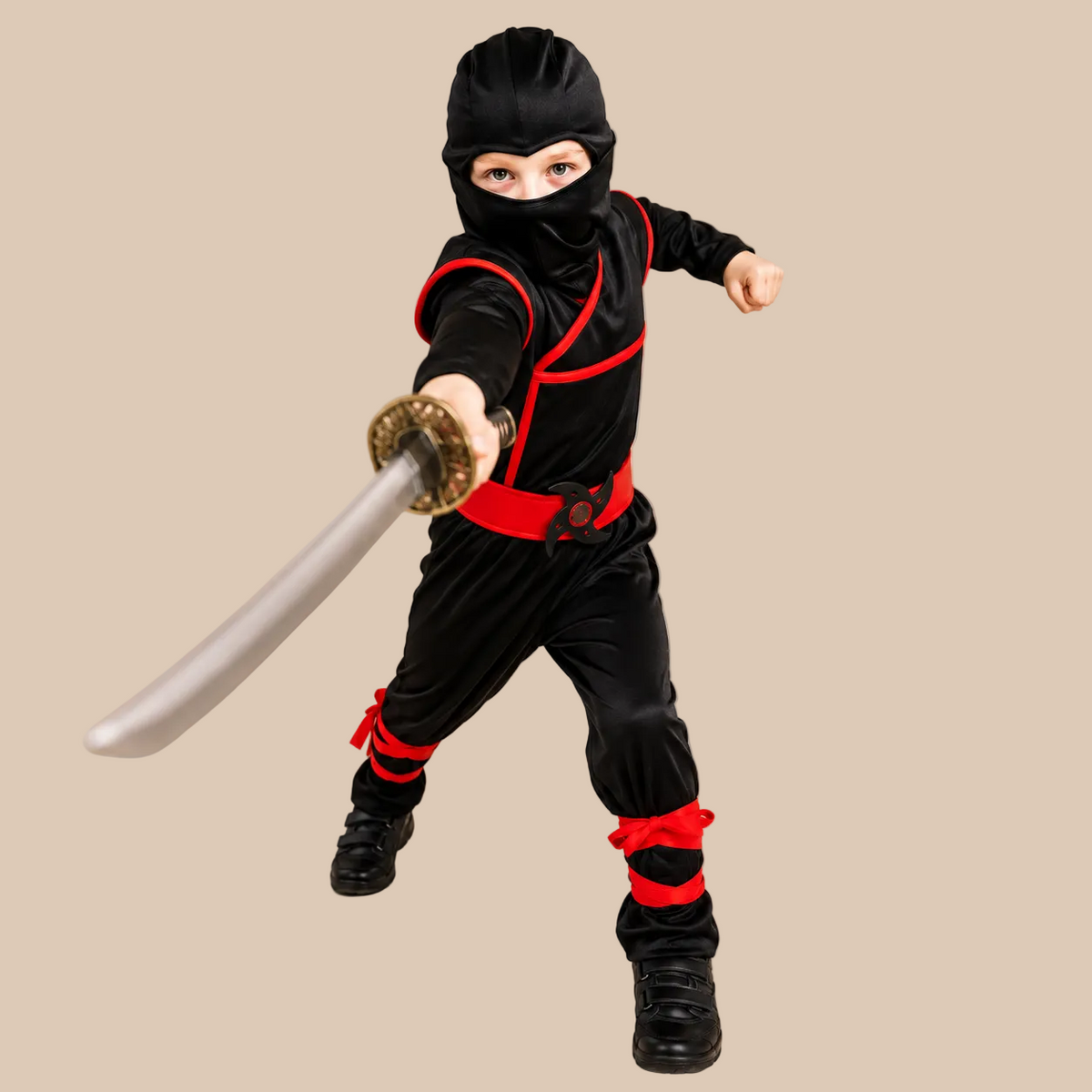 Child’s black ninja outfit with red ties, alternate front view