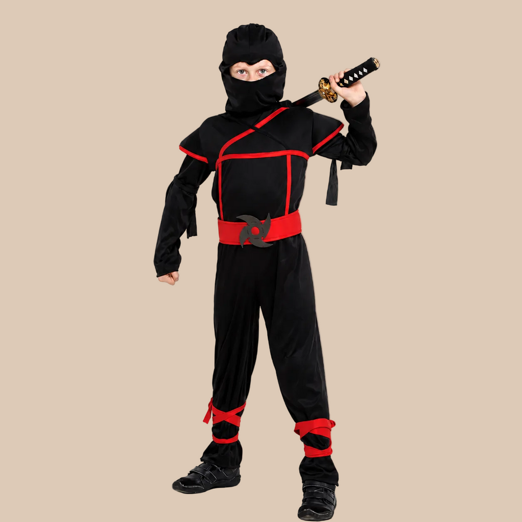 Child’s black ninja outfit with red ties, front view