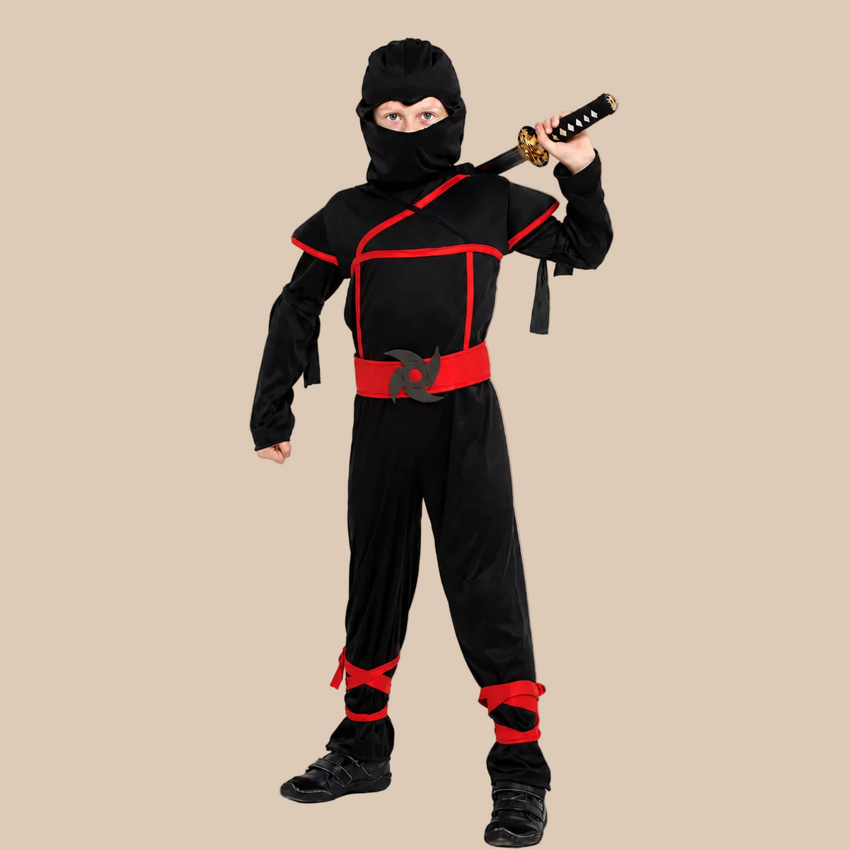 Child’s black ninja outfit with red ties, front view