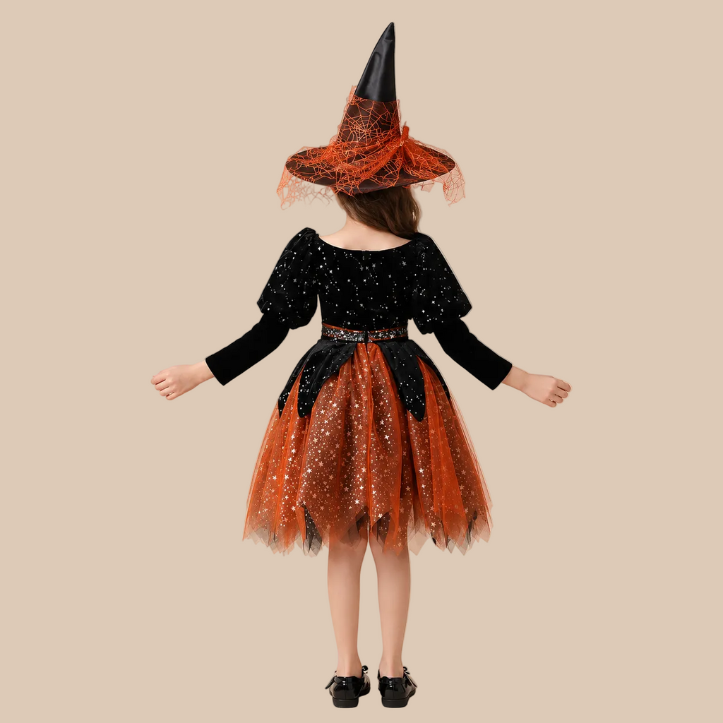 Girl’s orange and black witch dress with glittery tulle skirt, back view