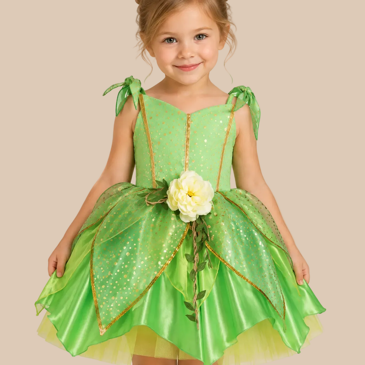 Girl’s green fairy dress with leaf-shaped skirt layers, bodice details