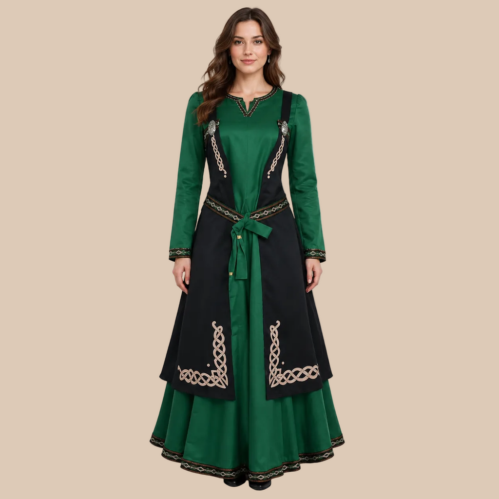 Women’s long green dress with black patterned panels, front view