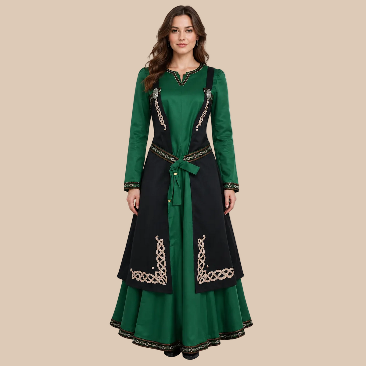 Women’s long green dress with black patterned panels, front view
