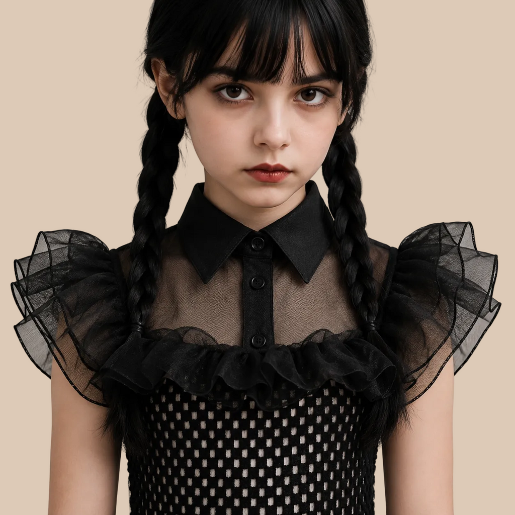 Girl’s black mesh dress with ruffled shoulders and full skirt, neckline details