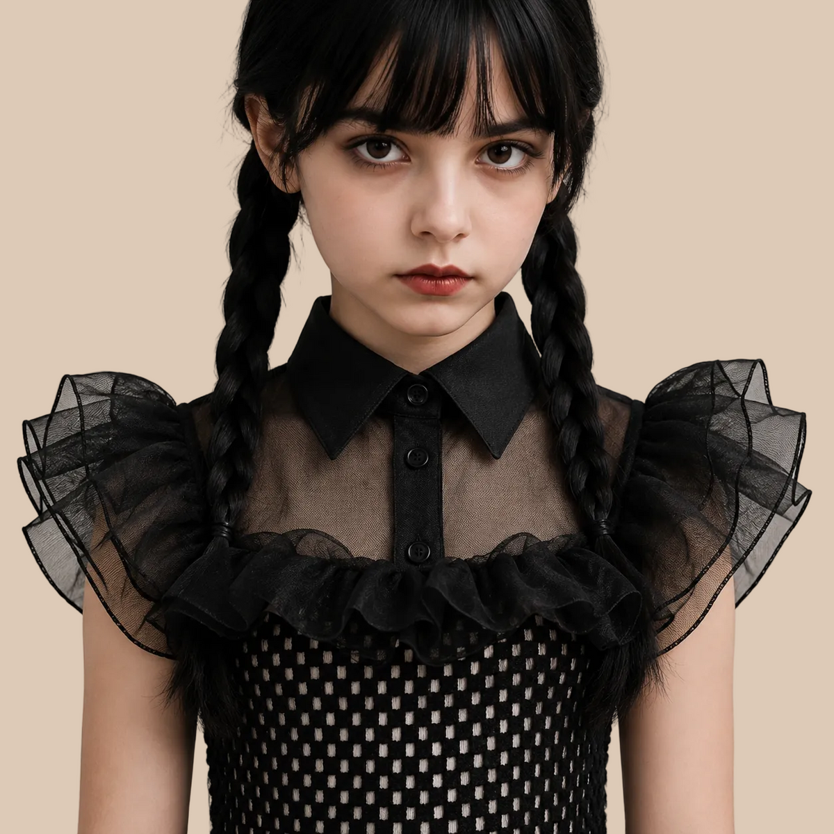 Girl’s black mesh dress with ruffled shoulders and full skirt, neckline details