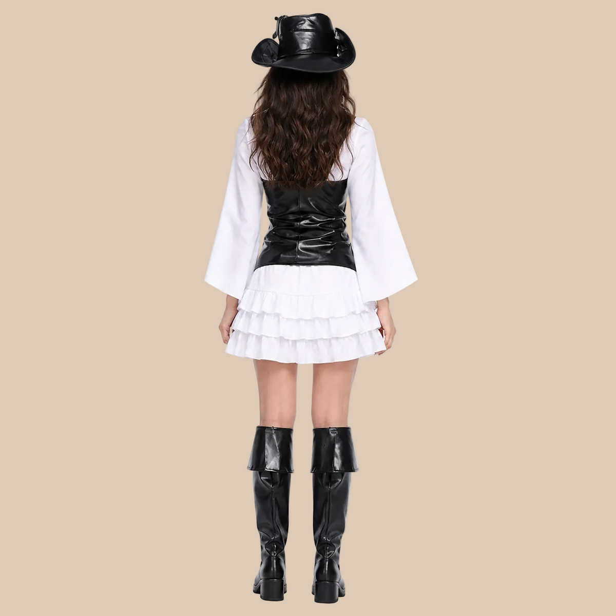 Girl’s white pirate dress with a laced black bodice, back view