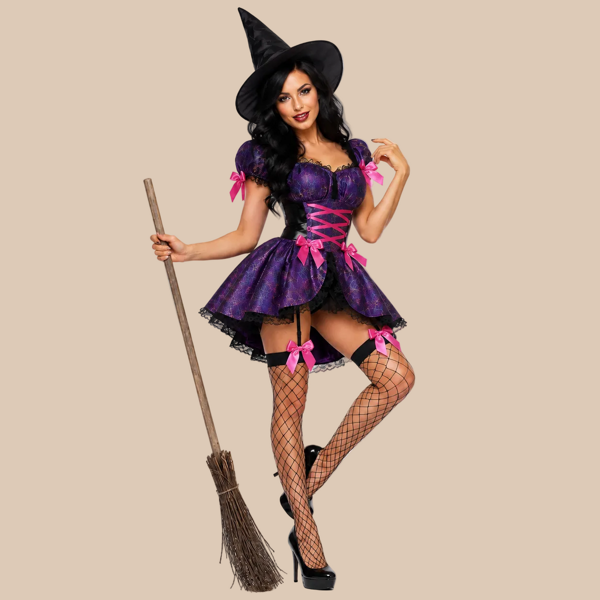 Women’s purple witch dress with pink bows and front lacing, front view