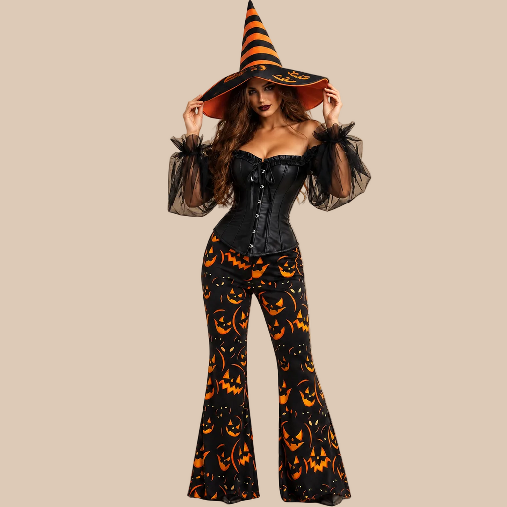 Women’s witch outfit with black bodice and pumpkin-print trousers, front view