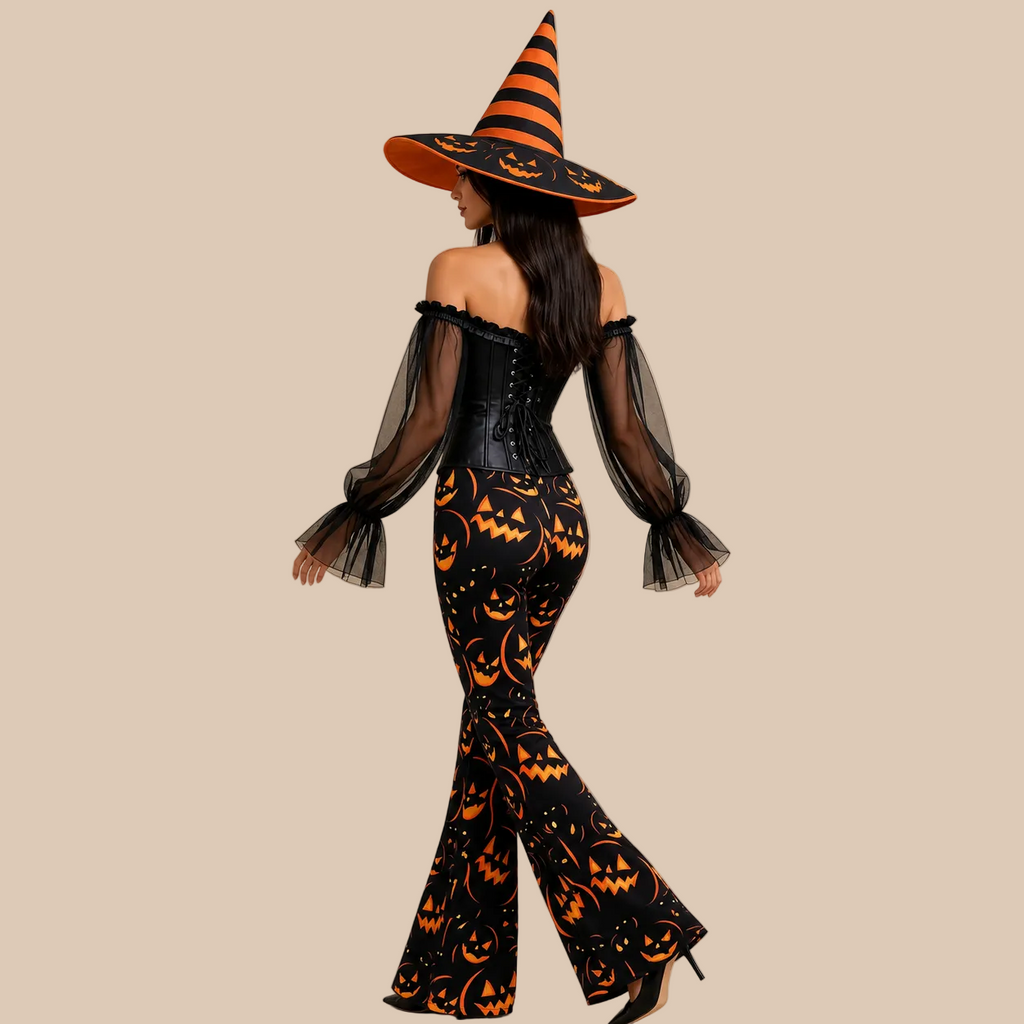 Women’s witch outfit with black bodice and pumpkin-print trousers, back view