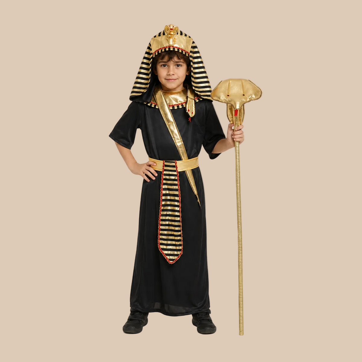 Child’s black pharaoh-style robe with gold-tone trim, front view