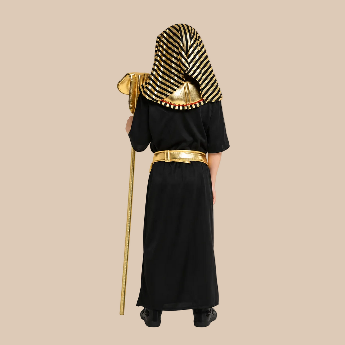 Child’s black pharaoh-style robe with gold-tone trim, back view