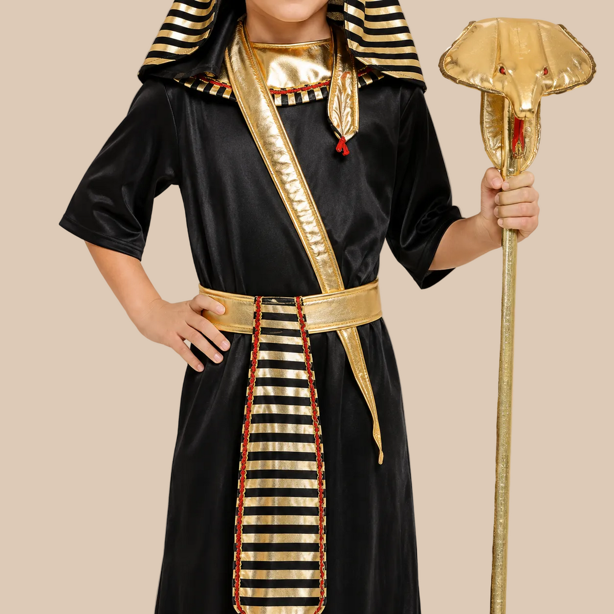 Child’s black pharaoh-style robe with gold-tone trim, bodice details