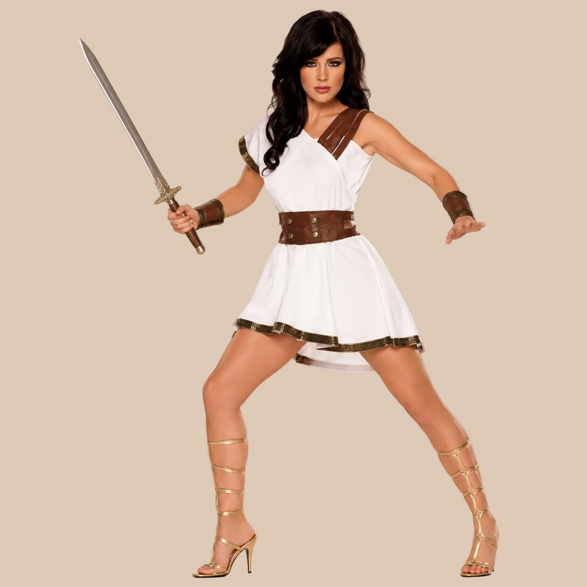Women’s short white warrior dress with a contrasting belt, alternate front view