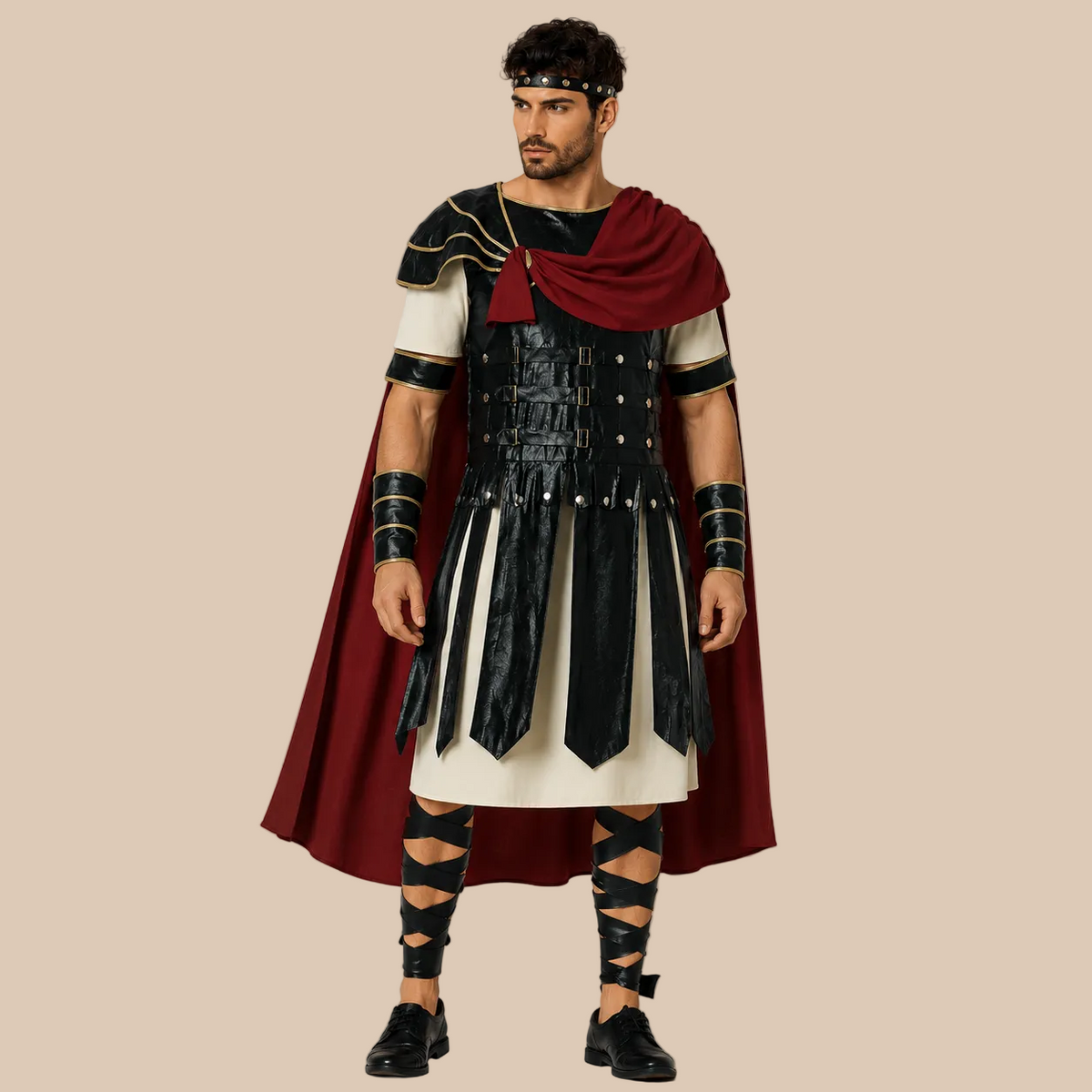 Men’s gladiator costume with decorative armour and red cape, front view