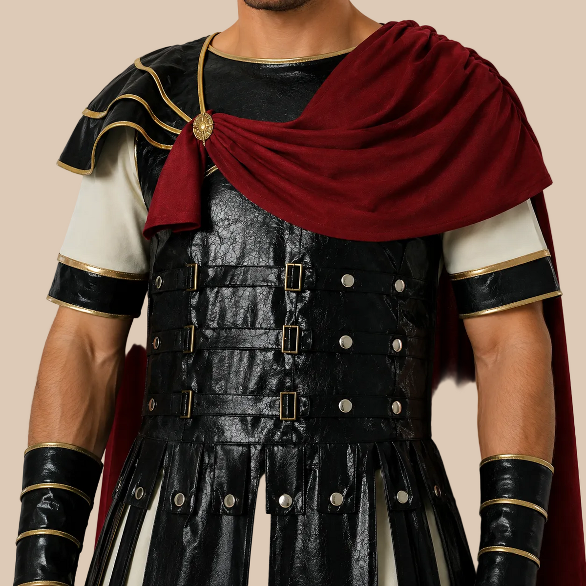 Men’s gladiator costume with decorative armour and red cape, bodice details
