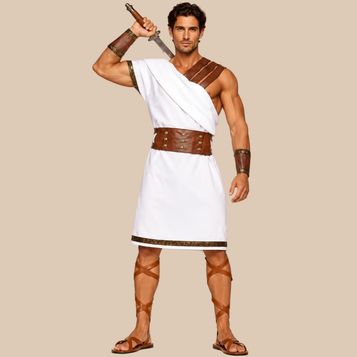 Men’s white warrior tunic with contrasting belt, front view