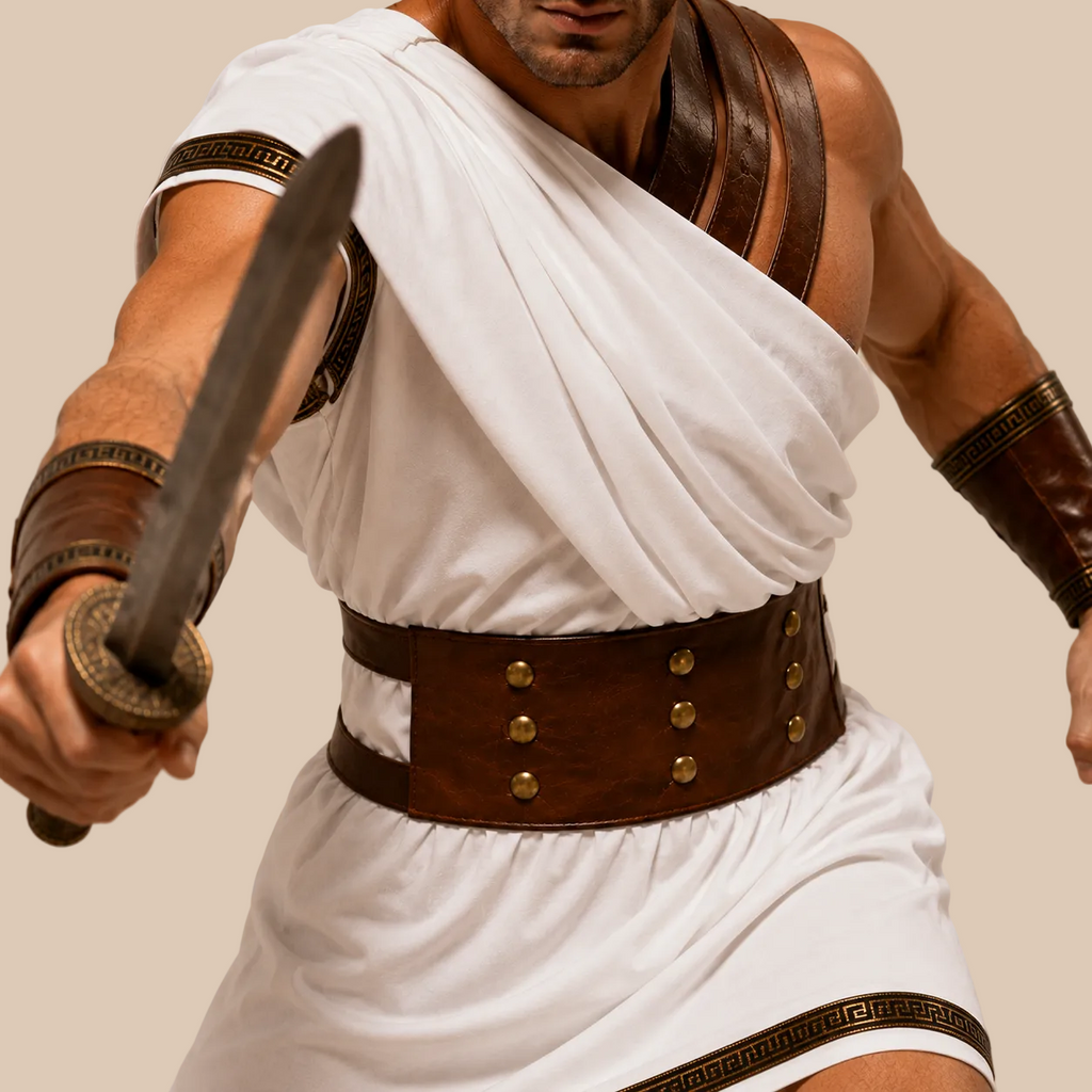 Men’s white warrior tunic with contrasting belt, bodice details