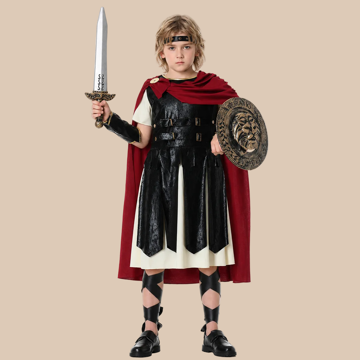 Boy’s Roman warrior costume with decorative armour, front view
