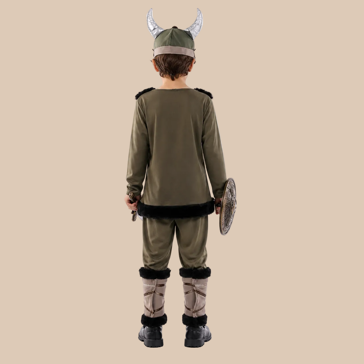 Child’s Viking-style costume with belted tunic, back view
