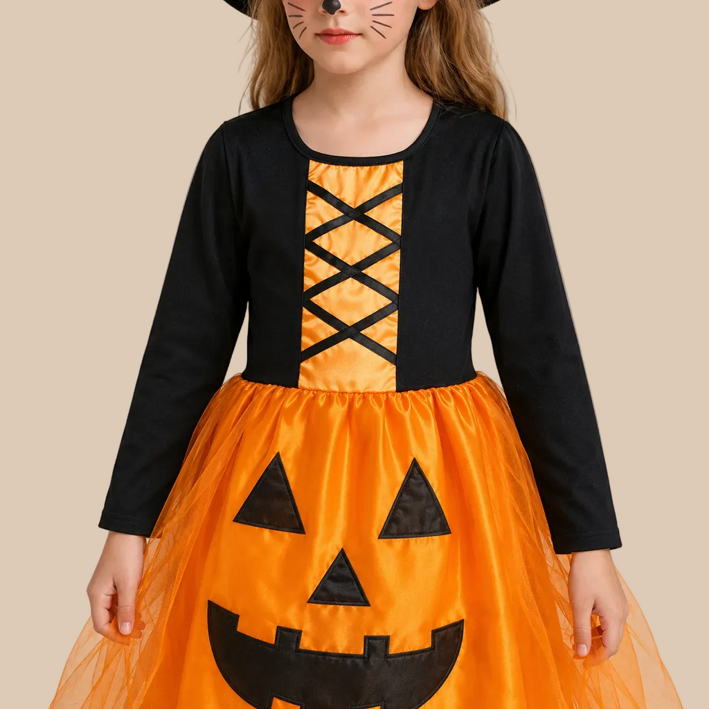 Girl’s orange pumpkin dress with black top and front lacing, print details