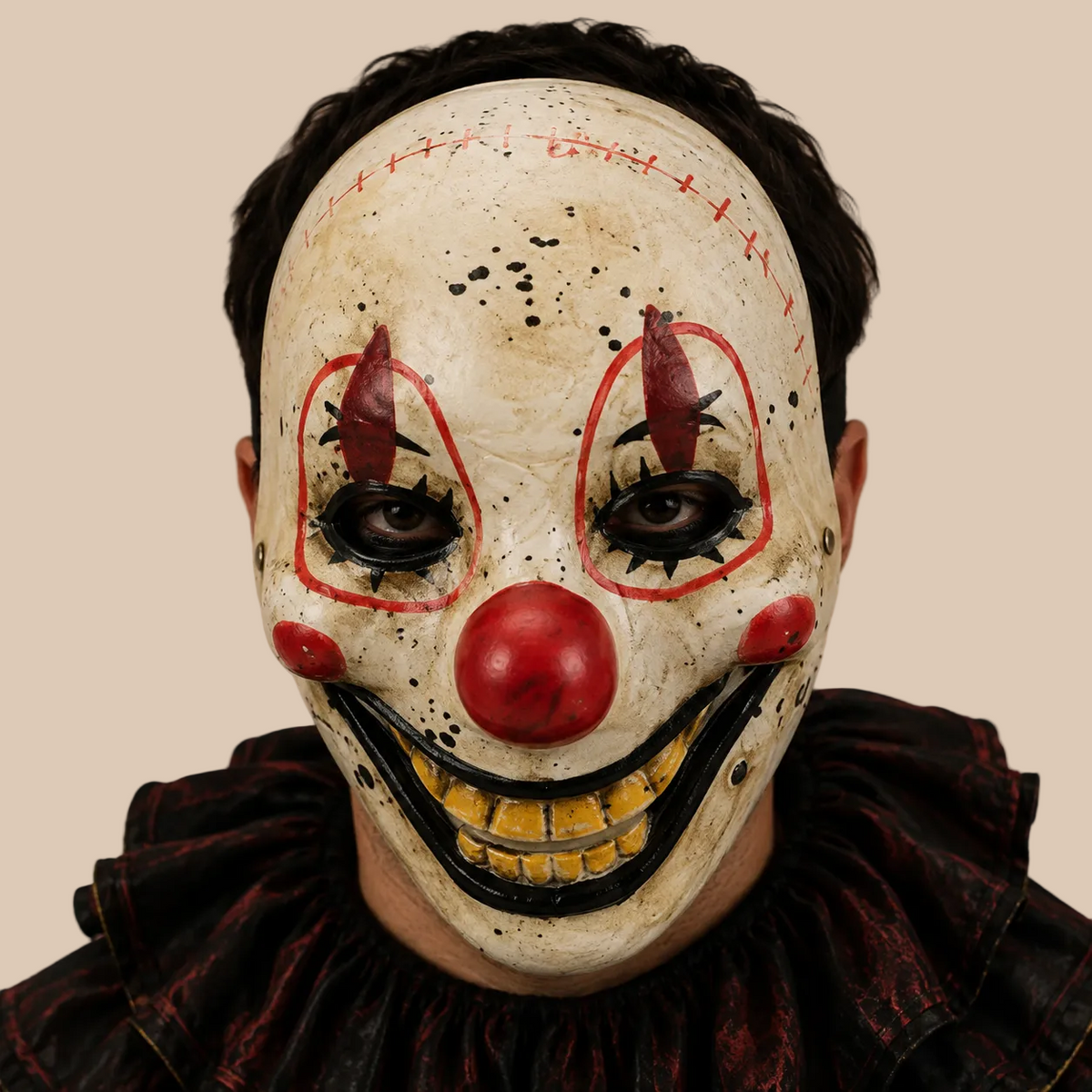 Clown mask with red nose and exaggerated grin, close-up view