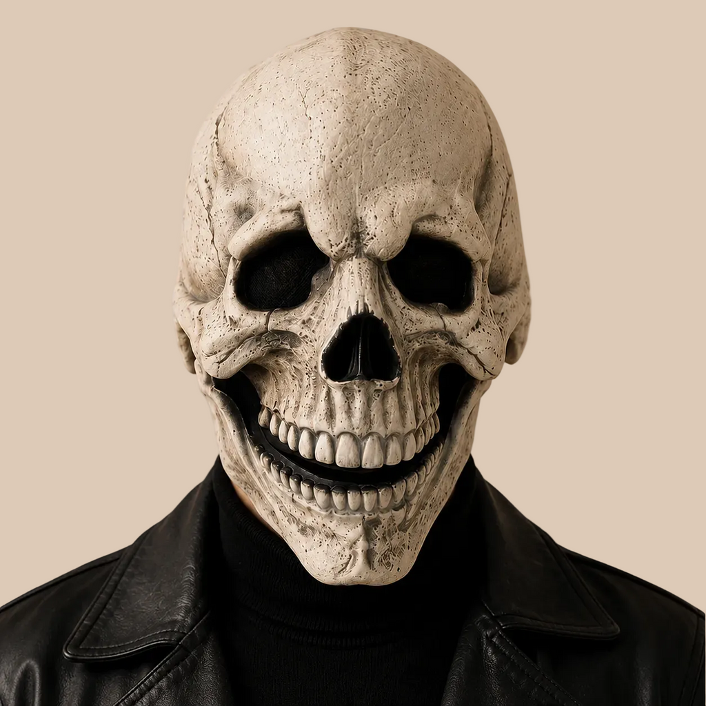 Light bone-coloured skull mask with dark eye sockets, worn on a model