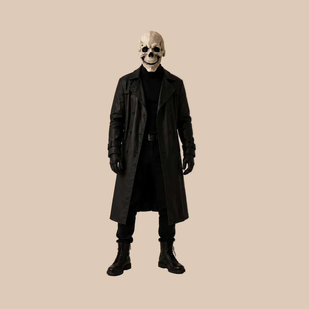 Light bone-coloured skull mask with dark eye sockets, shown on a model in full-body view
