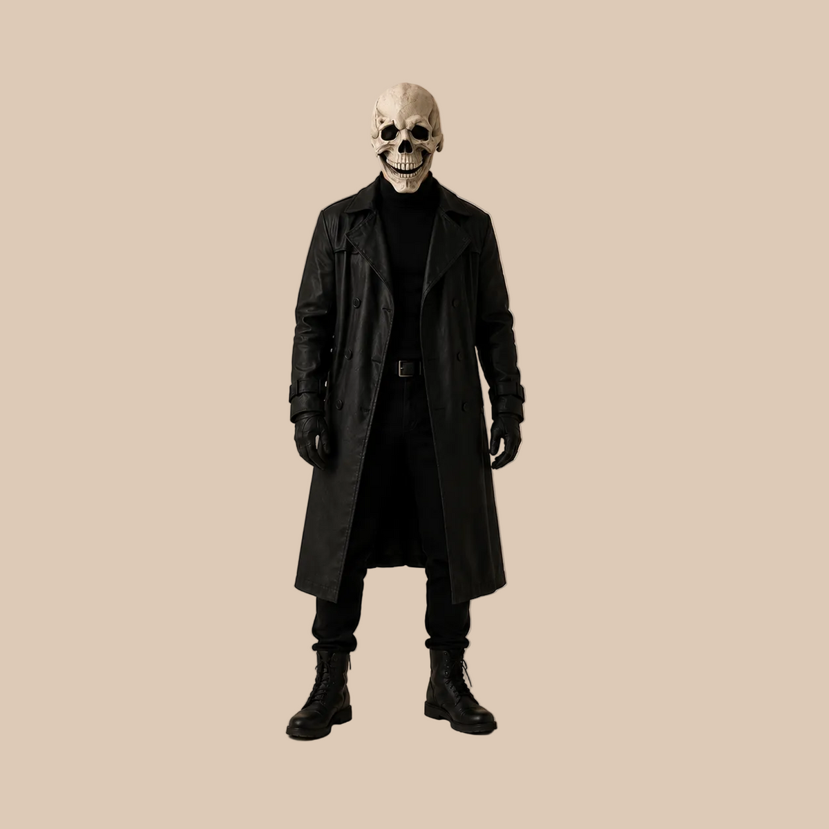 Light bone-coloured skull mask with dark eye sockets, shown on a model in full-body view