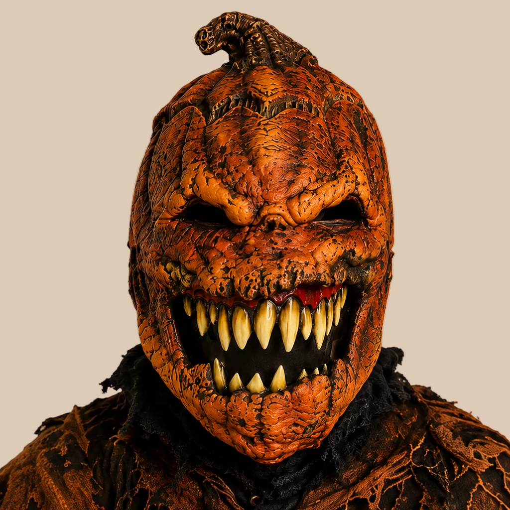 Orange pumpkin horror mask with jagged teeth, worn on a model