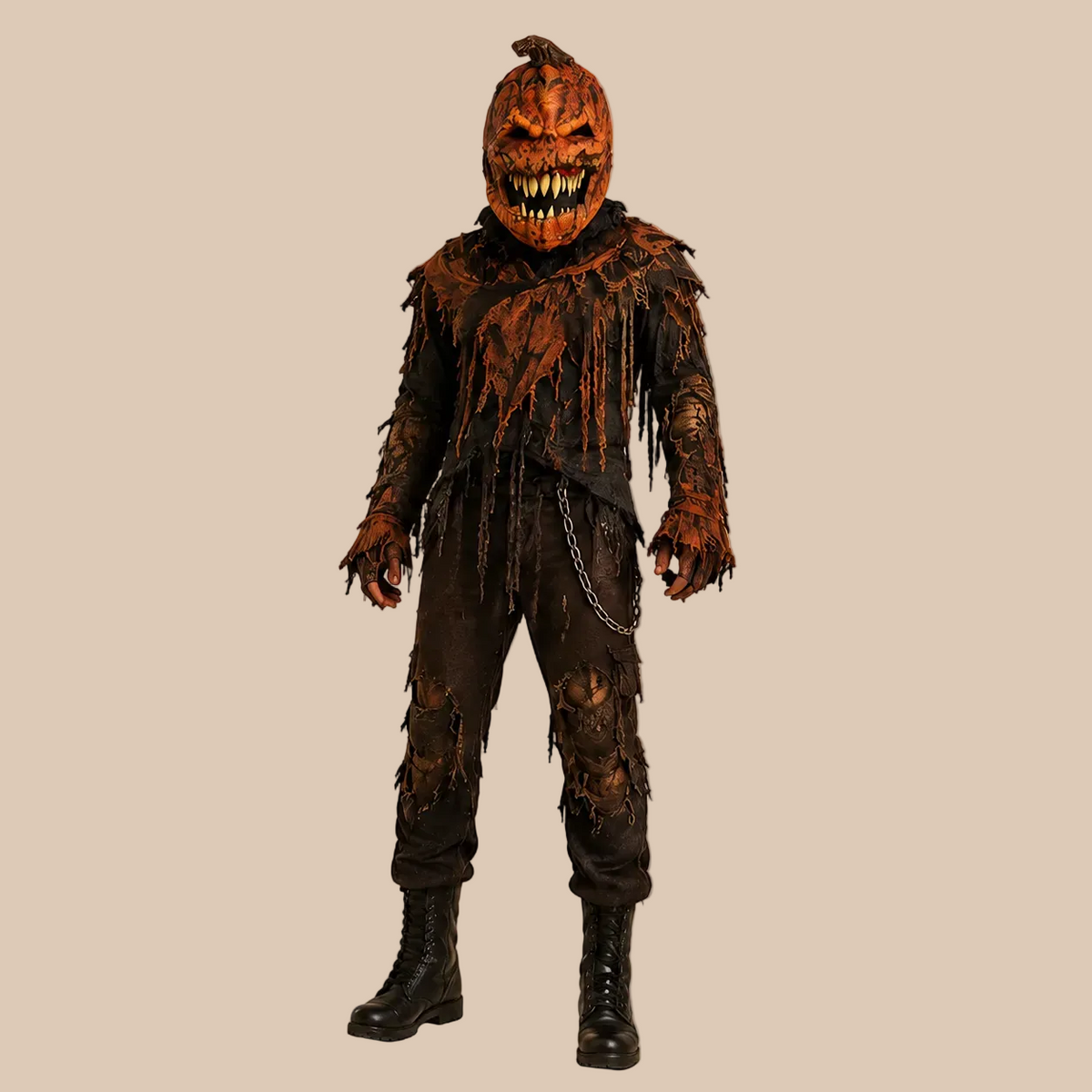 Orange pumpkin horror mask with jagged teeth, shown on a model in full-body view