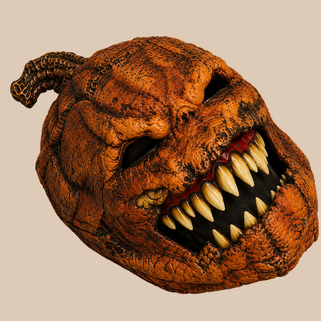 Orange pumpkin horror mask with jagged teeth, product view