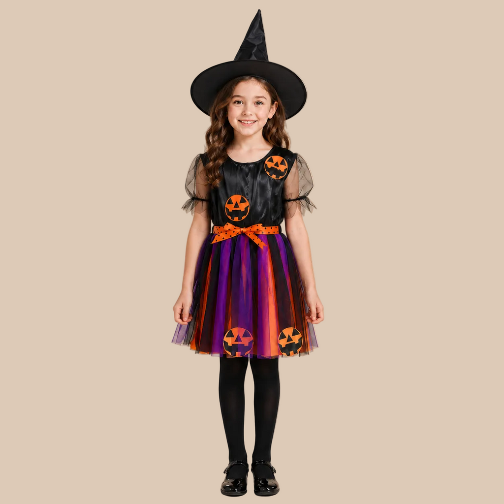 Girl’s witch dress with pumpkin motifs and multicoloured tulle skirt, front view