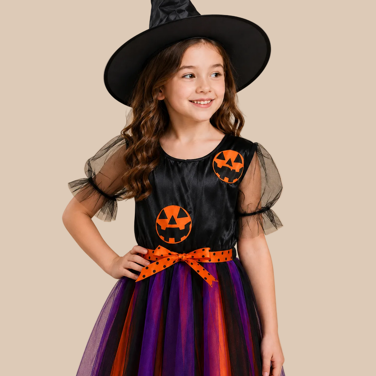 Girl’s witch dress with pumpkin motifs and multicoloured tulle skirt, bodice details