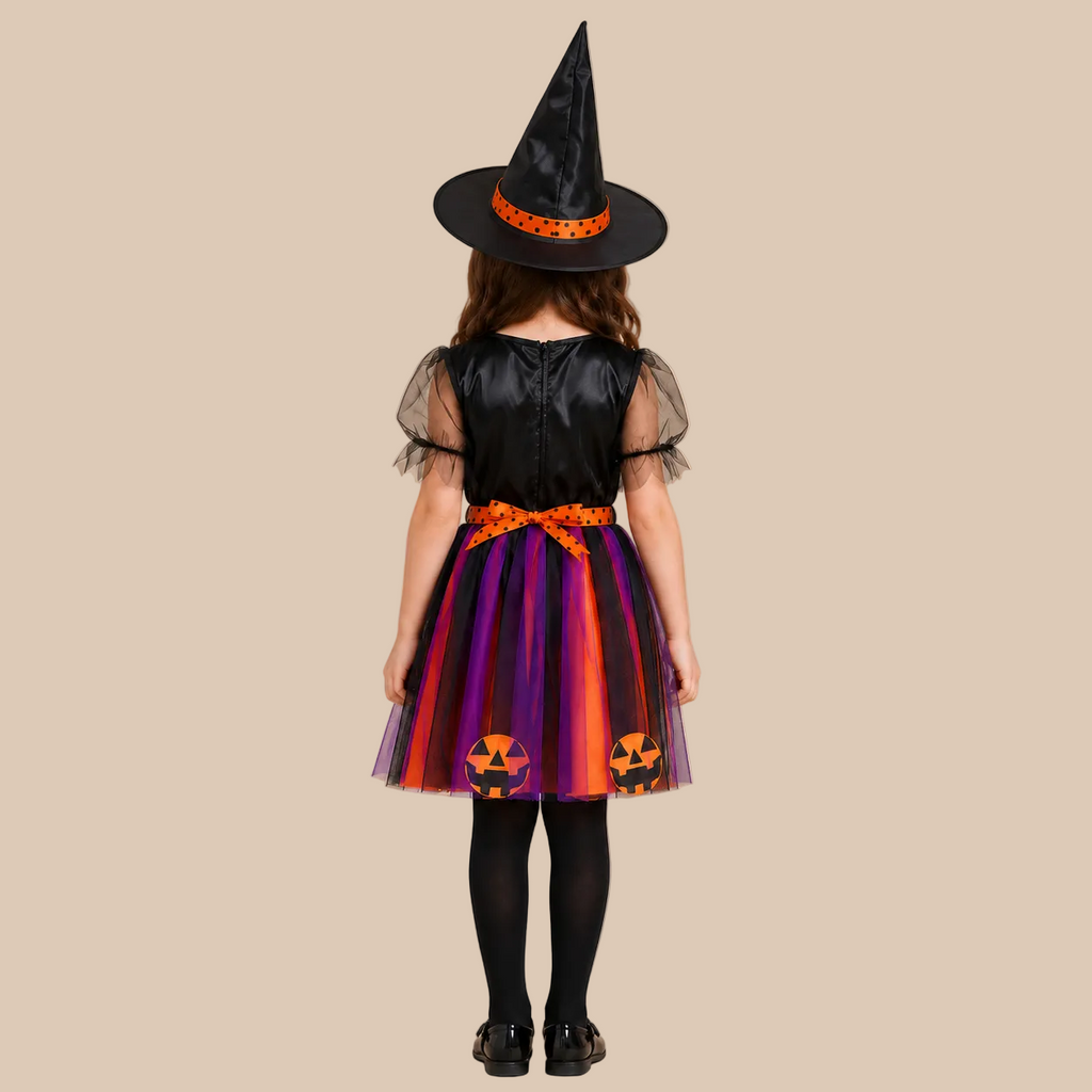 Girl’s witch dress with pumpkin motifs and multicoloured tulle skirt, back view