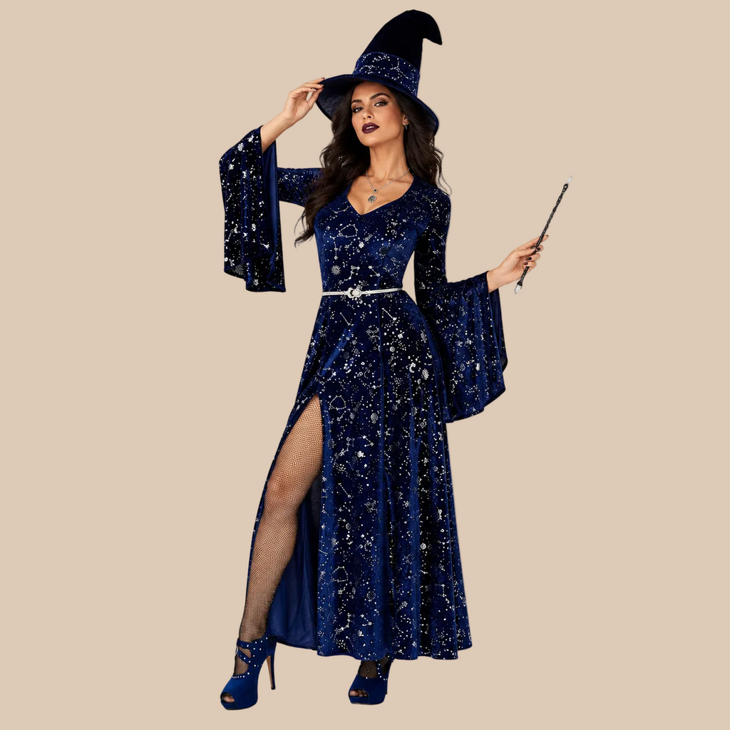 Women’s dark blue witch dress with starry print and flared sleeves, front view
