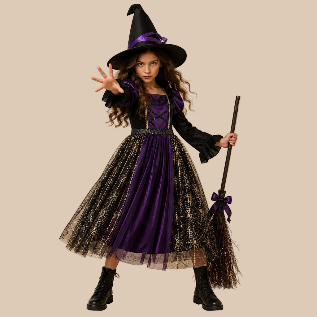 Girl’s purple witch dress with patterned sheer skirt panels, front view