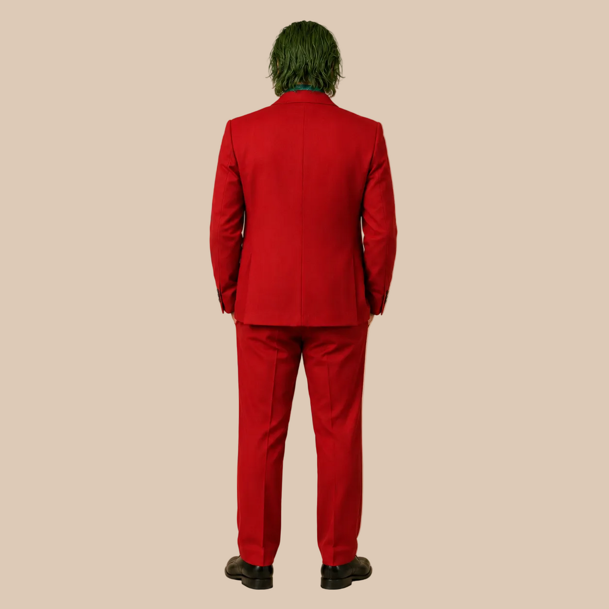 Men’s red clown suit with contrasting waistcoat and shirt, back view