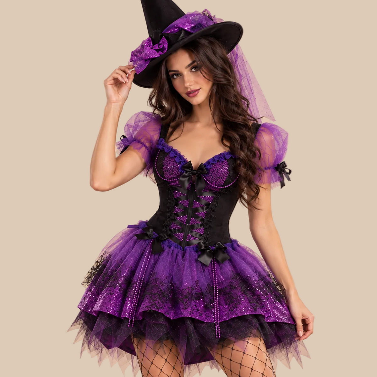 Women’s purple glittery witch dress with a laced bodice, front view