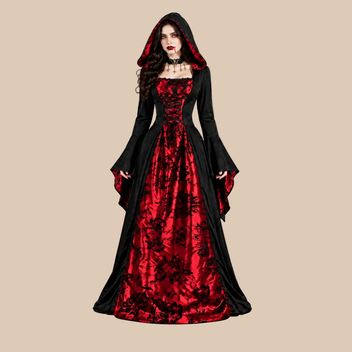 Women’s red and black hooded vampire dress, front view